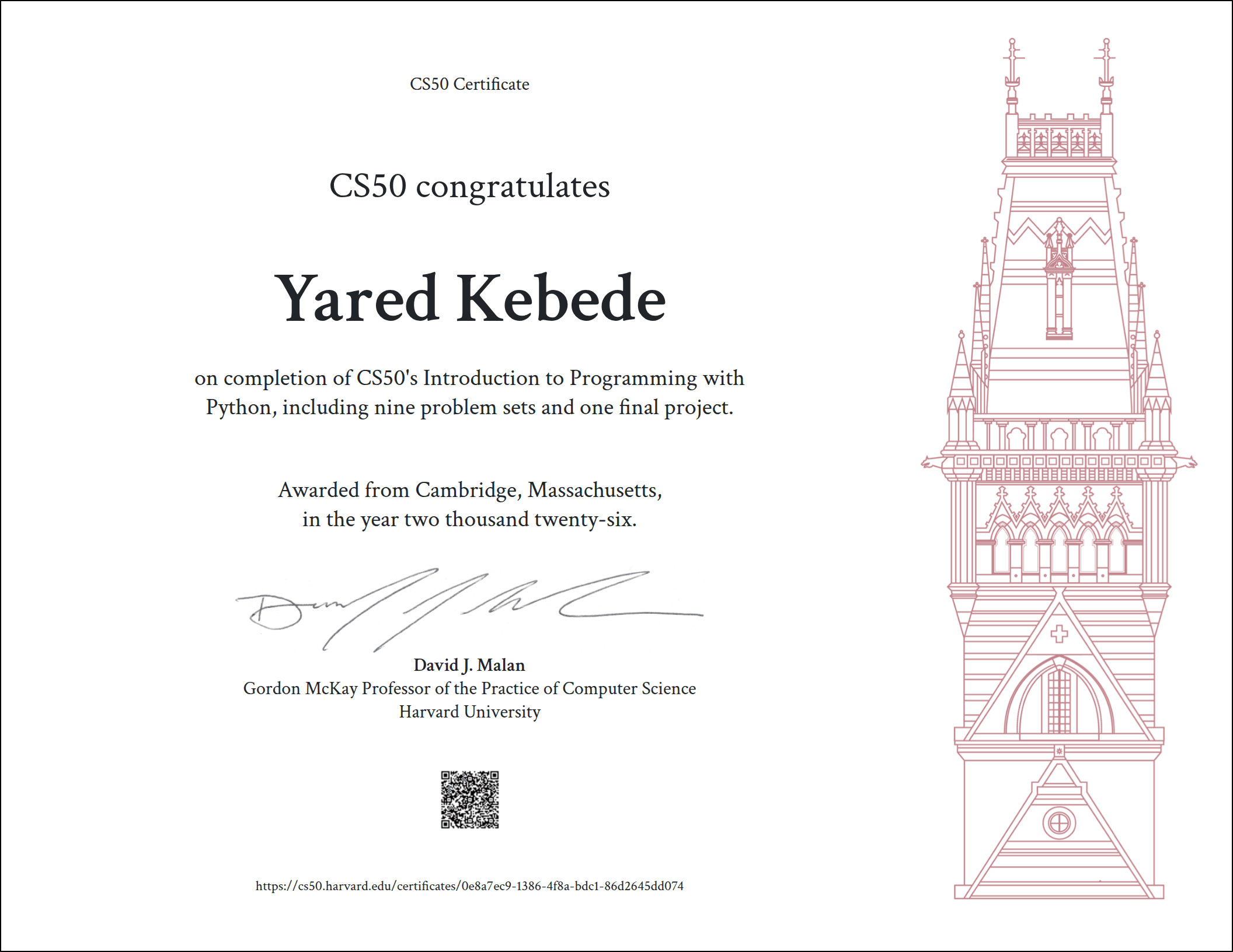 Harvard University CS50P Introduction to Programming with Python certificate of completion awarded to Yared Kebede, 2026