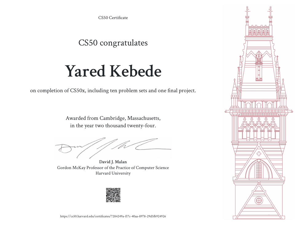 Harvard University CS50x certificate of completion awarded to Yared Kebede, 2024