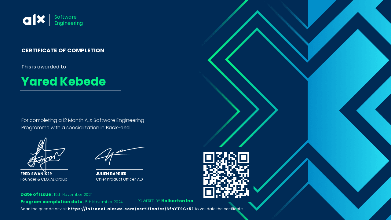 ALX Software Engineering Back-end Specialization certificate awarded to Yared Kebede, November 2024